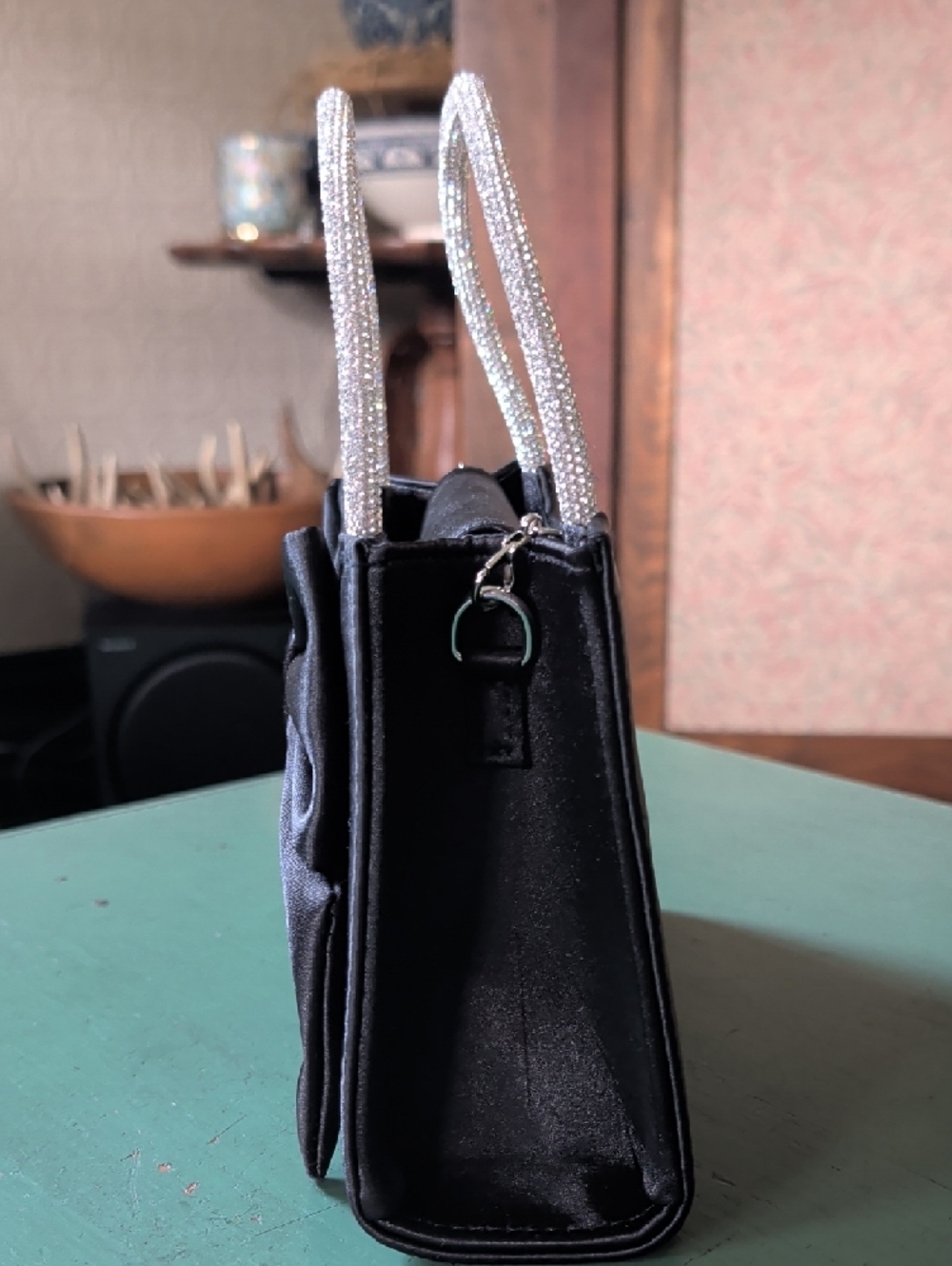 Elegant Black Bow Satin Handbag with Rhinestone Handles Formal Prom Event - Picture 4 of 10